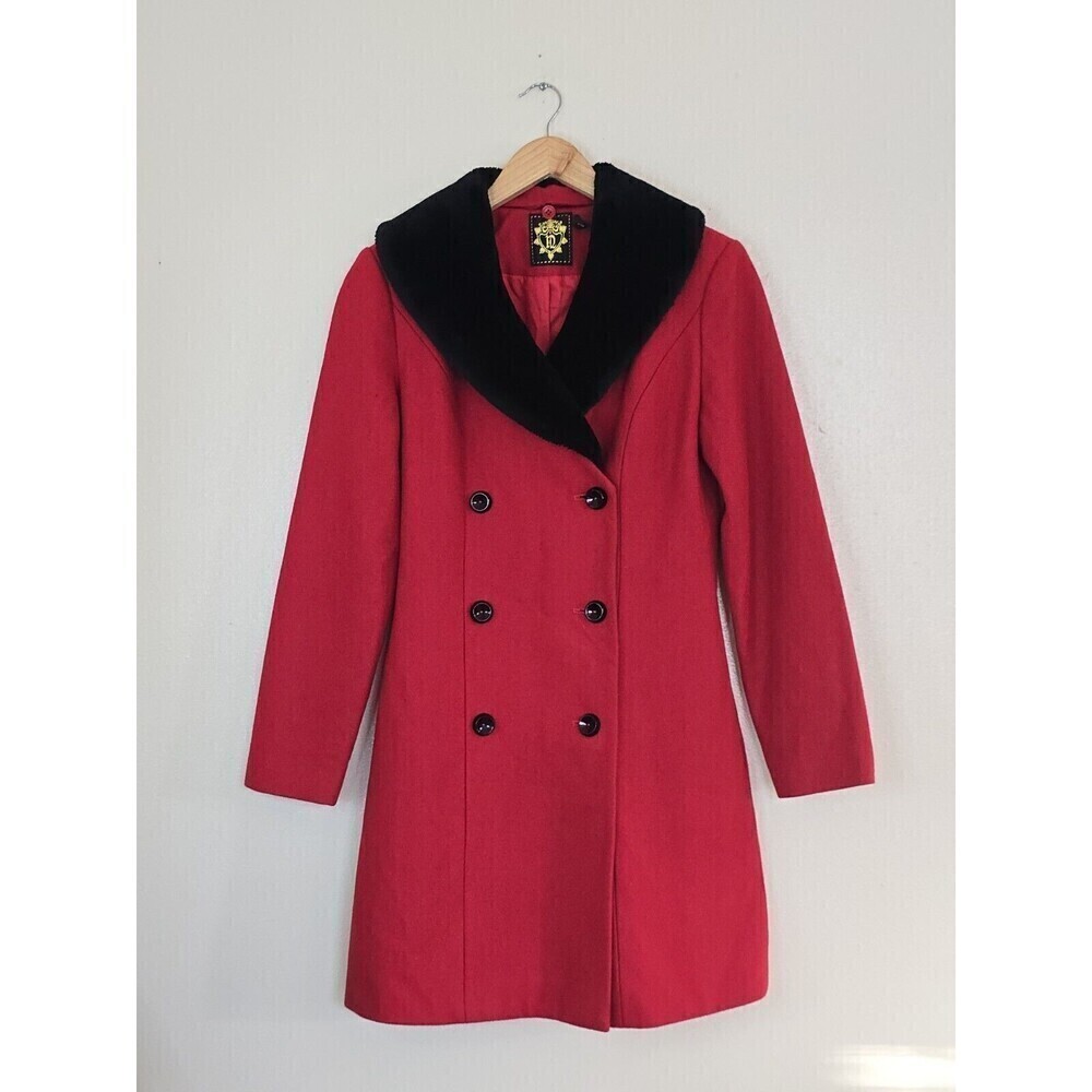 NISHE Red Wool Coat Womens Size 4 Black Faux Fur Trim Collar Double Brested
